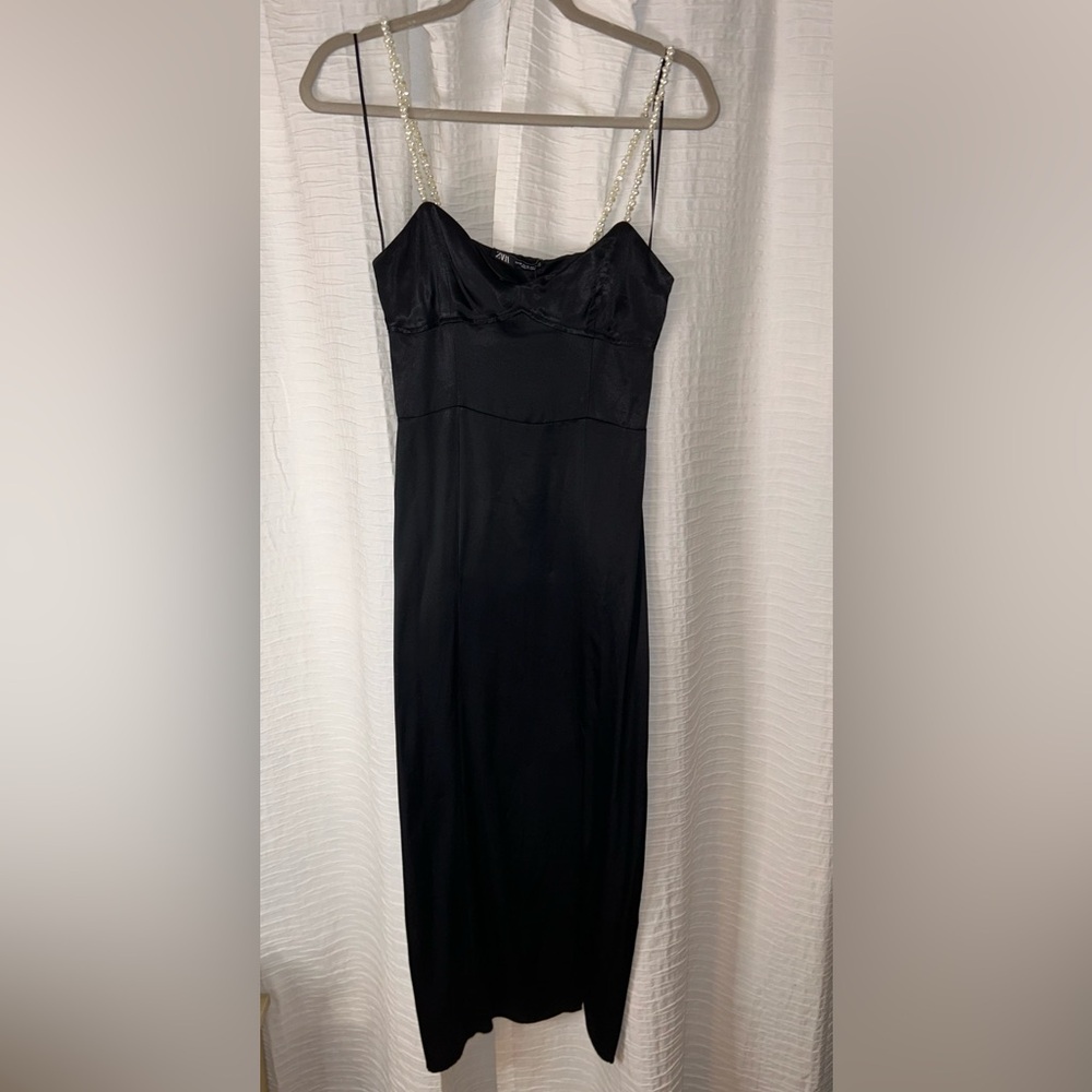 Zara black satin midi dress with pearl straps, never worn